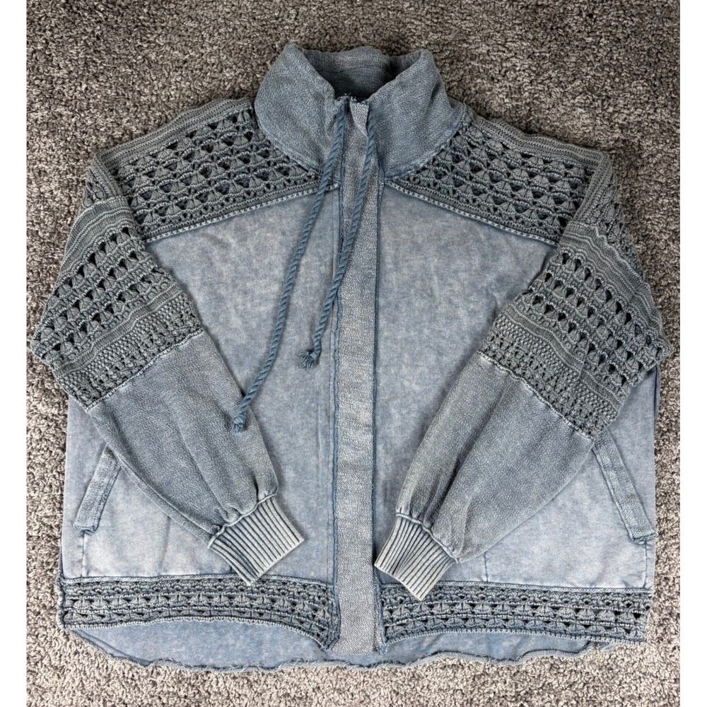 Free People Dune Bug Oversized Cardigan Blue Acid Wash Crochet Knit Zip Up L